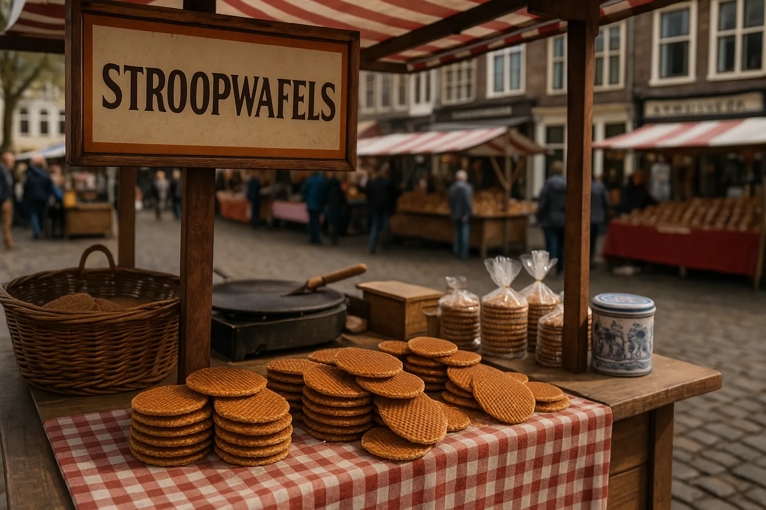Traditionele stroopwafelkraam op de historische markt in Gouda, Nederland