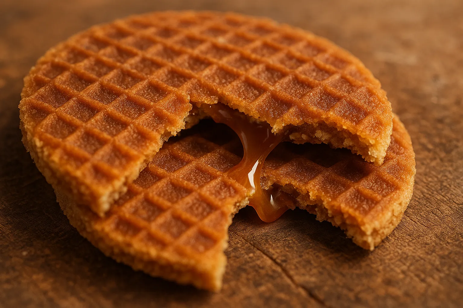 Gebroken stroopwafel toont heerlijke karamelstroop vulling in detail