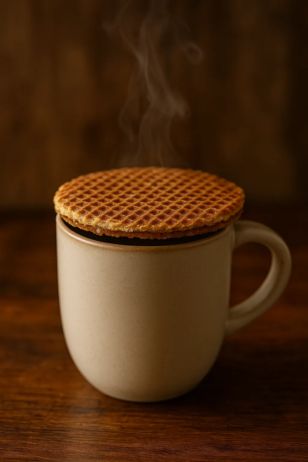 Warme stroopwafel op dampende koffiemok - traditionele Nederlandse manier